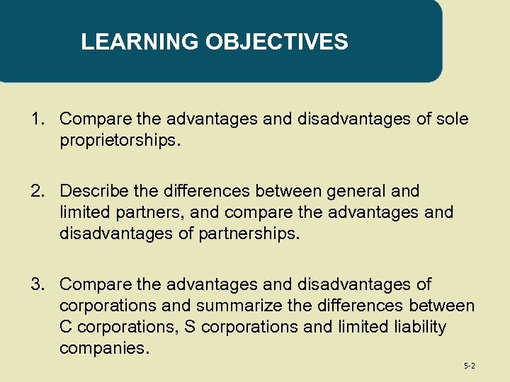 LEARNING OBJECTIVES 1. Compare the advantages and disadvantages of sole proprietorships. 2. Describe the