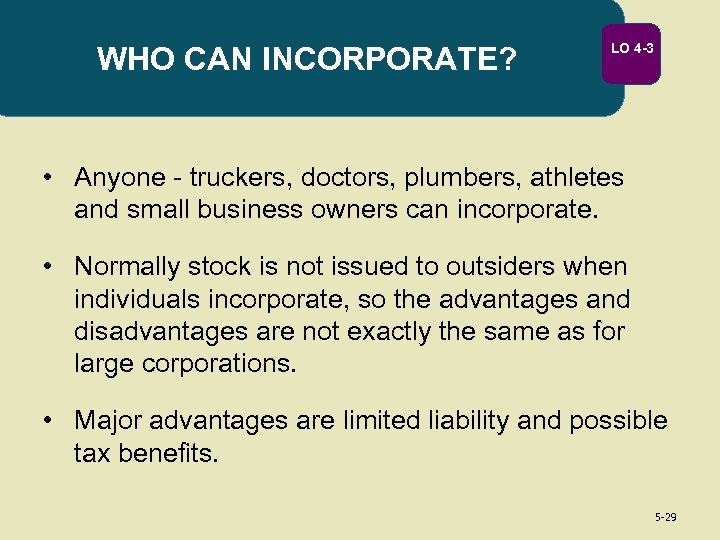 WHO CAN INCORPORATE? LO 4 -3 • Anyone - truckers, doctors, plumbers, athletes and