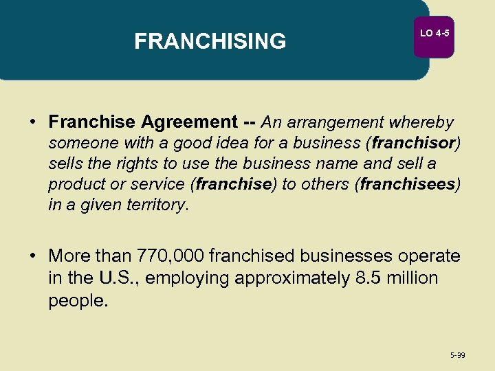 FRANCHISING LO 4 -5 • Franchise Agreement -- An arrangement whereby someone with a