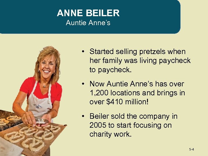 ANNE BEILER Auntie Anne’s • Started selling pretzels when her family was living paycheck