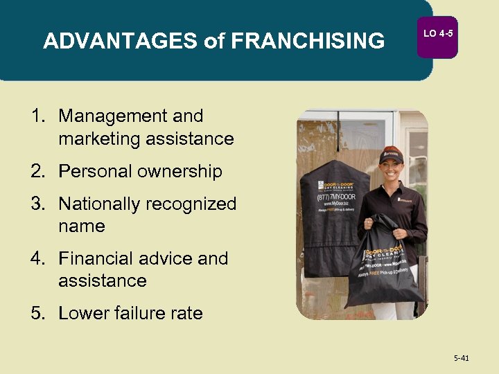 ADVANTAGES of FRANCHISING LO 4 -5 1. Management and marketing assistance 2. Personal ownership