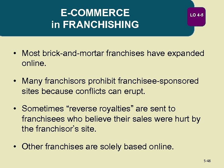 E-COMMERCE in FRANCHISHING LO 4 -5 • Most brick-and-mortar franchises have expanded online. •