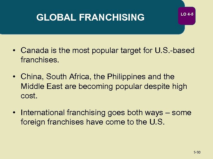 GLOBAL FRANCHISING LO 4 -5 • Canada is the most popular target for U.