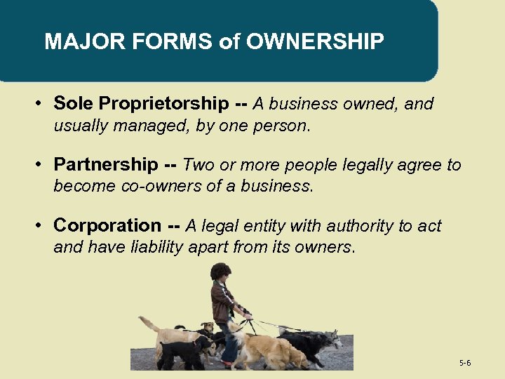 MAJOR FORMS of OWNERSHIP • Sole Proprietorship -- A business owned, and usually managed,