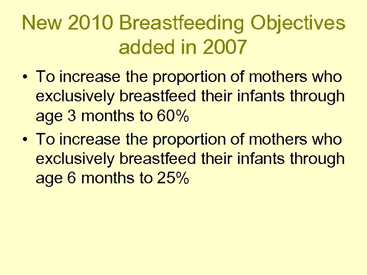 New 2010 Breastfeeding Objectives added in 2007 • To increase the proportion of mothers