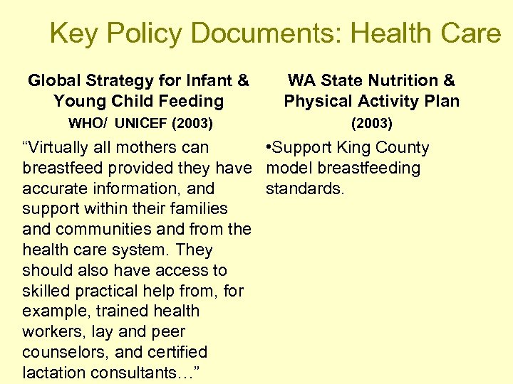 Key Policy Documents: Health Care Global Strategy for Infant & Young Child Feeding WA
