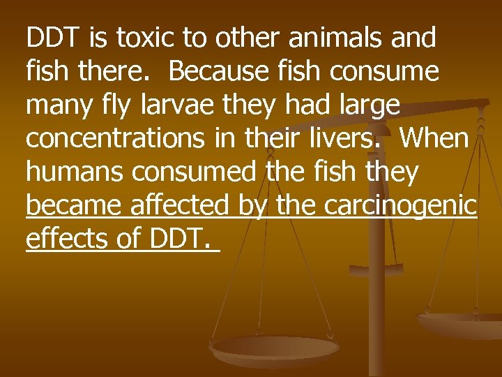 DDT is toxic to other animals and fish there. Because fish consume many fly