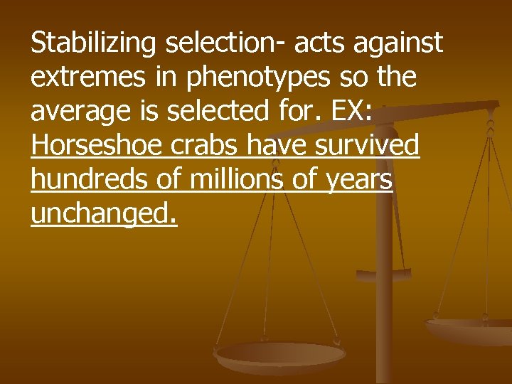 Stabilizing selection- acts against extremes in phenotypes so the average is selected for. EX: