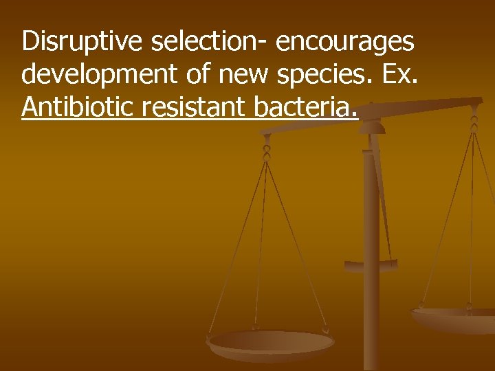 Disruptive selection- encourages development of new species. Ex. Antibiotic resistant bacteria. 