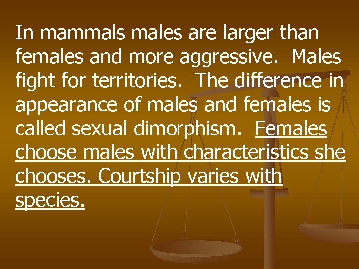 In mammals males are larger than females and more aggressive. Males fight for territories.