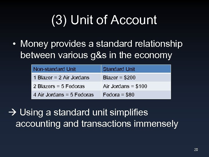 (3) Unit of Account • Money provides a standard relationship between various g&s in