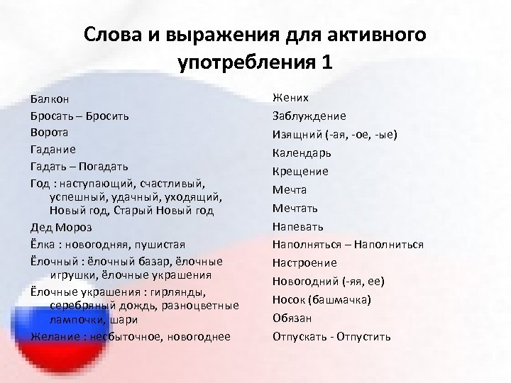 Слова и выражения для активного употребления 1 Балкон Бросать – Бросить Ворота Гадание Гадать