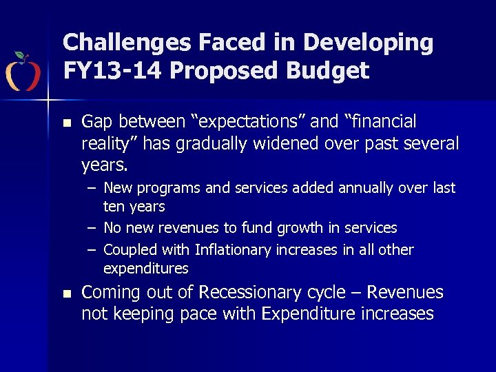 Challenges Faced in Developing FY 13 -14 Proposed Budget n Gap between “expectations” and