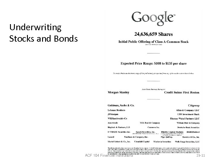 Underwriting Stocks and Bonds ACF 104 Financial Institutions 23 -11 