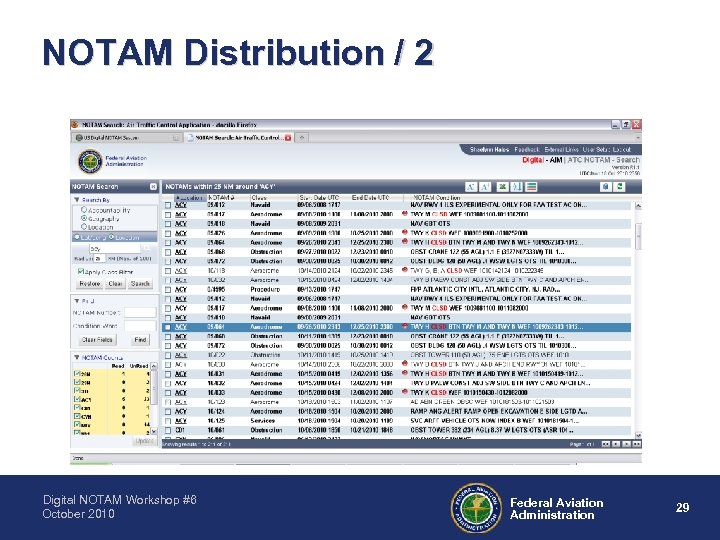 NOTAM Distribution / 2 Digital NOTAM Workshop #6 October 2010 Federal Aviation Administration 29