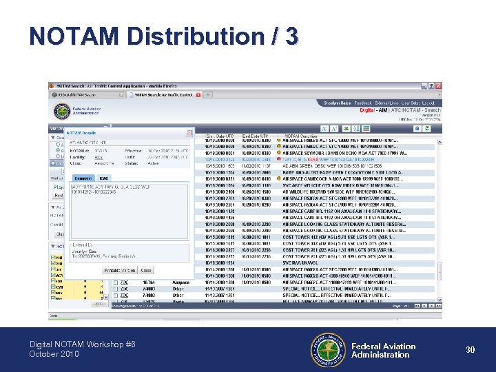 NOTAM Distribution / 3 Digital NOTAM Workshop #6 October 2010 Federal Aviation Administration 30