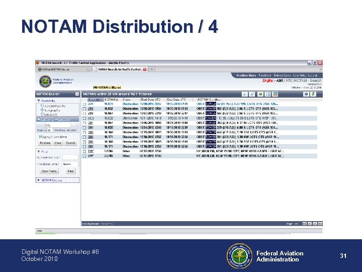 NOTAM Distribution / 4 Digital NOTAM Workshop #6 October 2010 Federal Aviation Administration 31