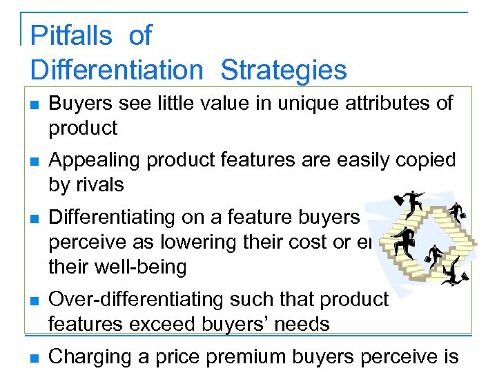Pitfalls of Differentiation Strategies n Buyers see little value in unique attributes of product