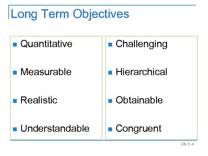 Long Term Objectives n Quantitative n Challenging n Measurable n Hierarchical n Realistic n