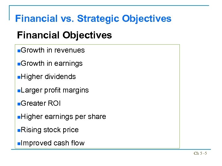 Financial vs. Strategic Objectives Financial Objectives n. Growth in revenues n. Growth in earnings