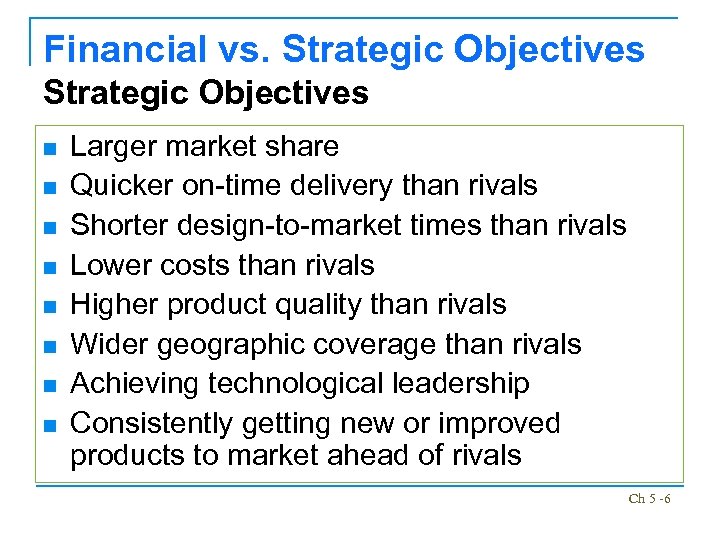 Financial vs. Strategic Objectives n n n n Larger market share Quicker on-time delivery