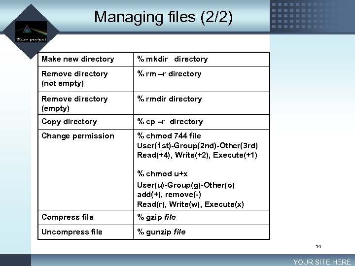 Managing files (2/2) LOGO PRism project Make new directory % mkdir directory Remove directory