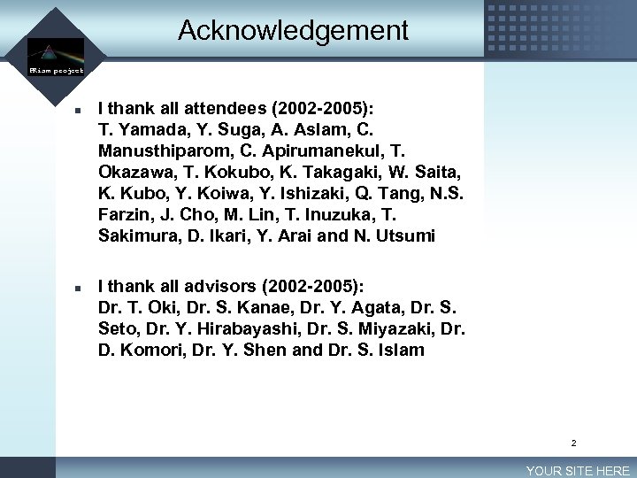 Acknowledgement LOGO PRism project n n I thank all attendees (2002 -2005): T. Yamada,