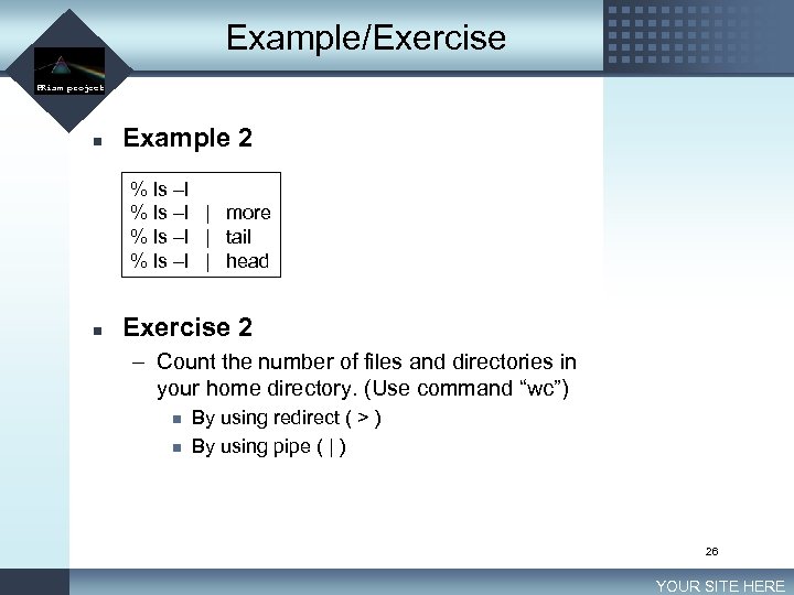 Example/Exercise LOGO PRism project n Example 2 % ls –l | more % ls