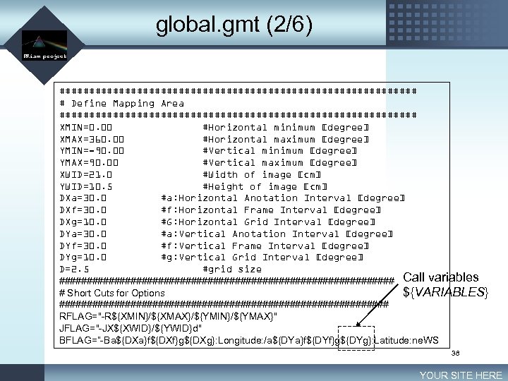 global. gmt (2/6) LOGO PRism project ############################## # Define Mapping Area ############################## XMIN=0. 00