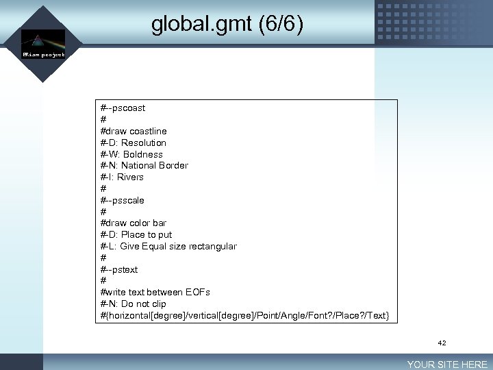 global. gmt (6/6) LOGO PRism project #--pscoast # #draw coastline #-D: Resolution #-W: Boldness
