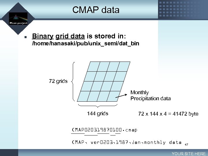 CMAP data LOGO PRism project n Binary grid data is stored in: /home/hanasaki/pub/unix_semi/dat_bin 72