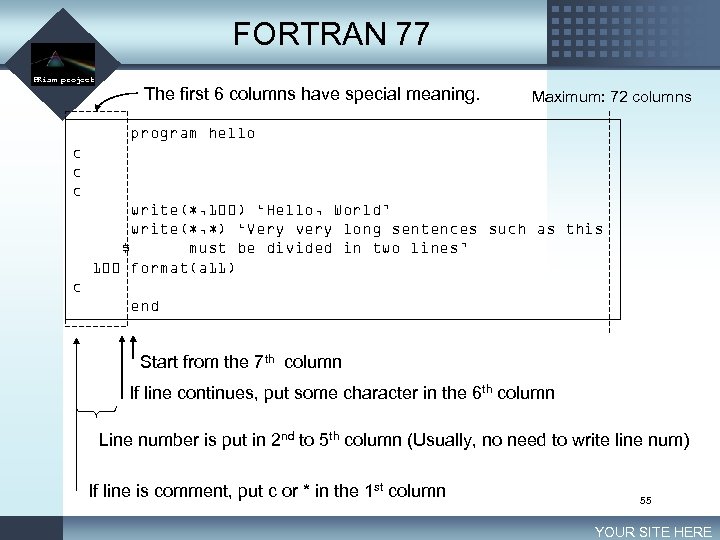 FORTRAN 77 LOGO PRism project The first 6 columns have special meaning. Maximum: 72
