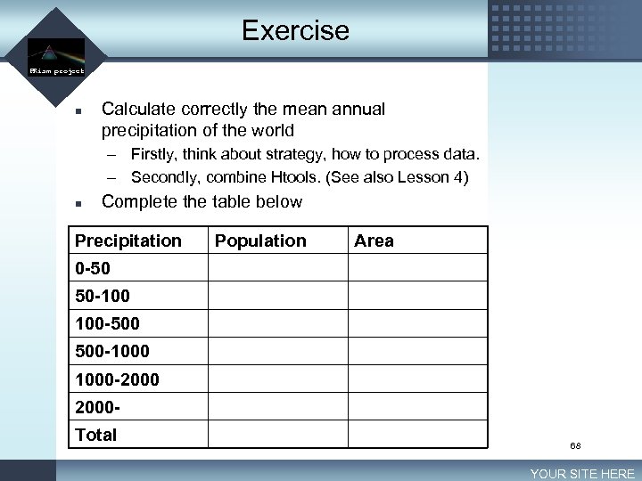 Exercise LOGO PRism project n Calculate correctly the mean annual precipitation of the world