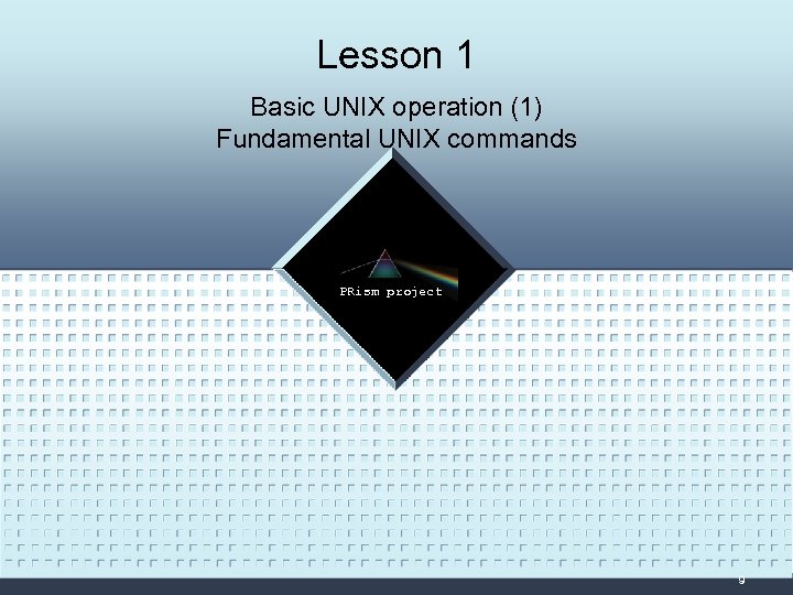 Lesson 1 Basic UNIX operation (1) Fundamental UNIX commands LOGO PRism project 9 