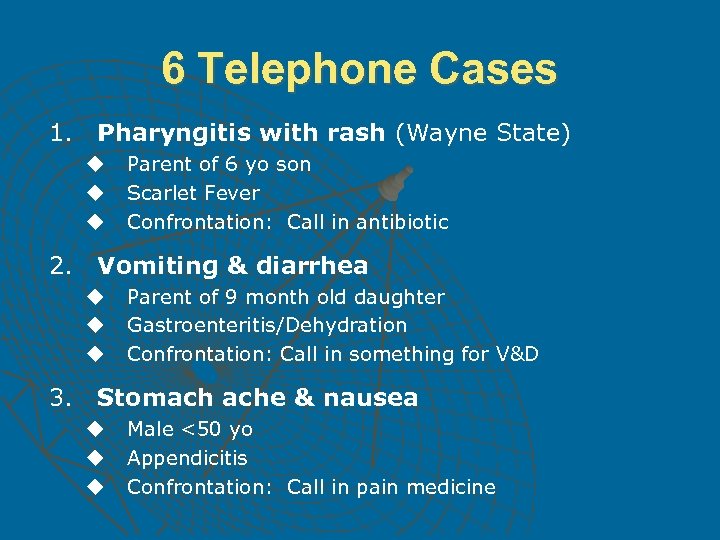 6 Telephone Cases 1. Pharyngitis with rash (Wayne State) u u u 2. Vomiting
