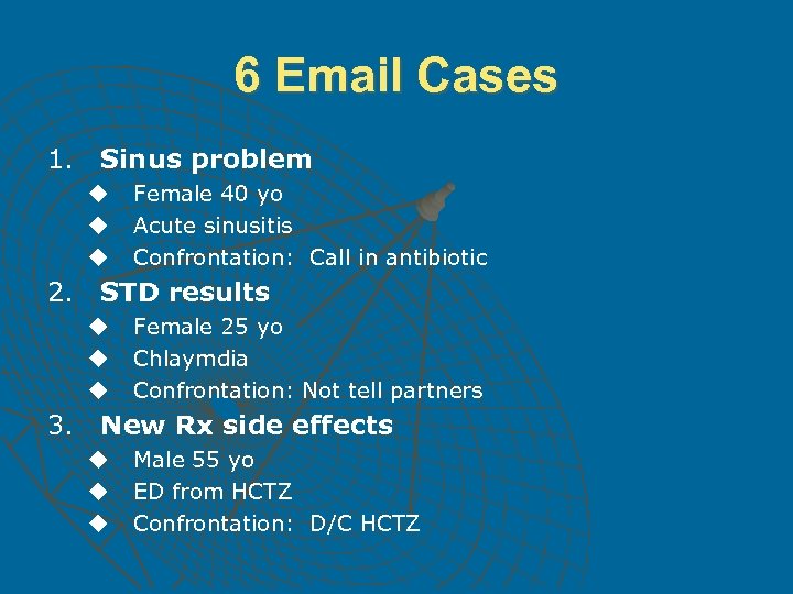6 Email Cases 1. Sinus problem u u u 2. STD results u u