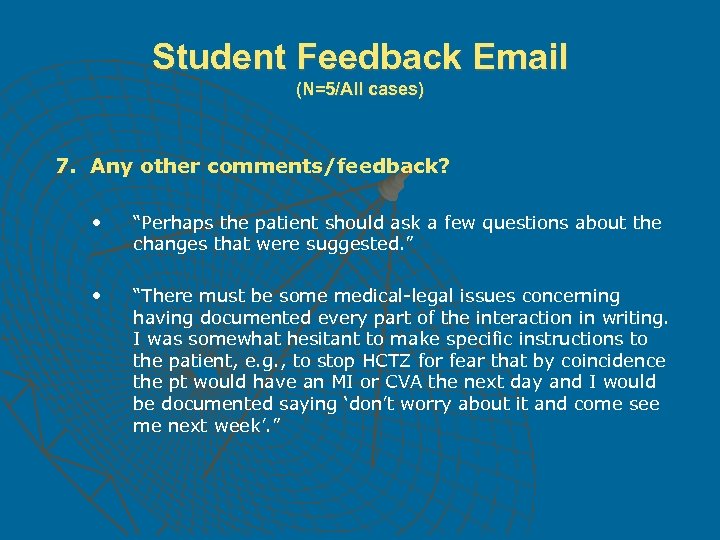 Student Feedback Email (N=5/All cases) 7. Any other comments/feedback? • “Perhaps the patient should