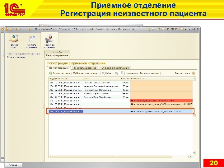 Приемное отделение Регистрация неизвестного пациента 20 