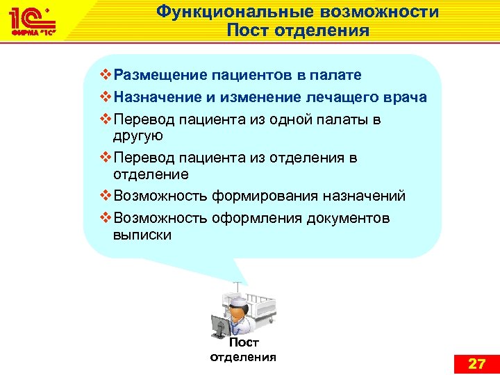 Функциональные возможности Пост отделения v Размещение пациентов в палате v Назначение и изменение лечащего