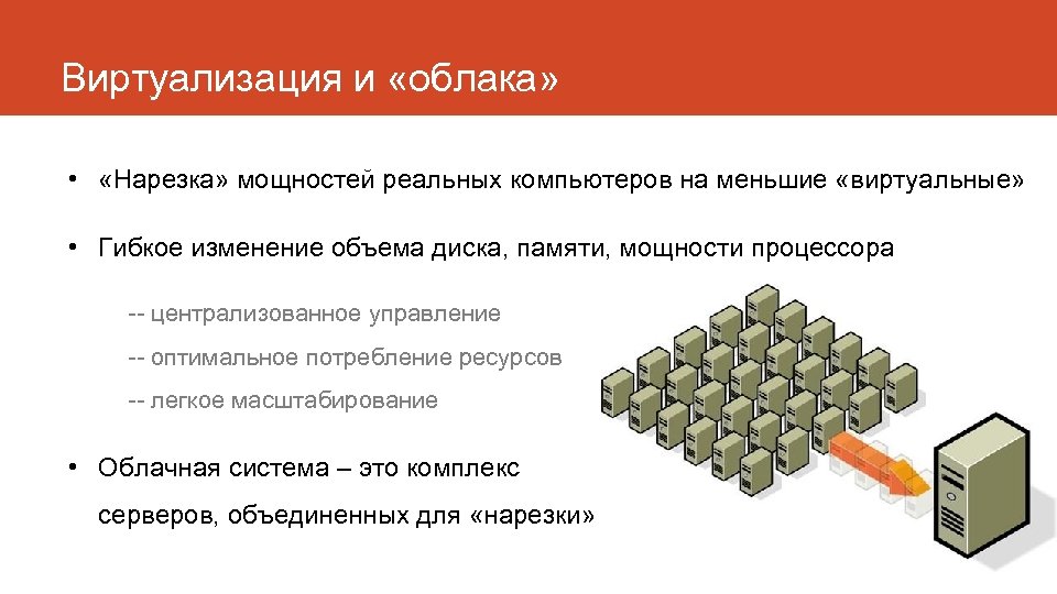 Виртуализация и «облака» • «Нарезка» мощностей реальных компьютеров на меньшие «виртуальные» • Гибкое изменение