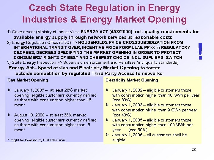 Czech State Regulation in Energy Industries & Energy Market Opening 1) Government (Ministry of