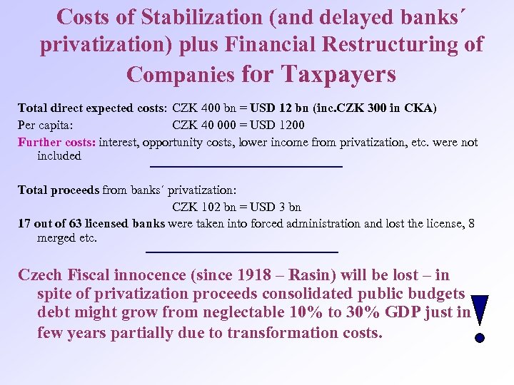 Costs of Stabilization (and delayed banks´ privatization) plus Financial Restructuring of Companies for Taxpayers