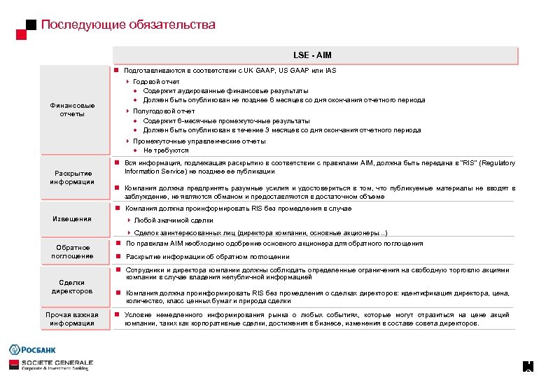 Последующие обязательства LSE - AIM n Подготавливаются в соответствии с UK GAAP, US GAAP