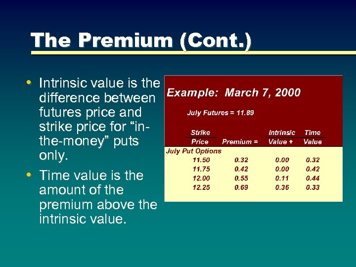 The Premium (Cont. ) • Intrinsic value is the difference between futures price and