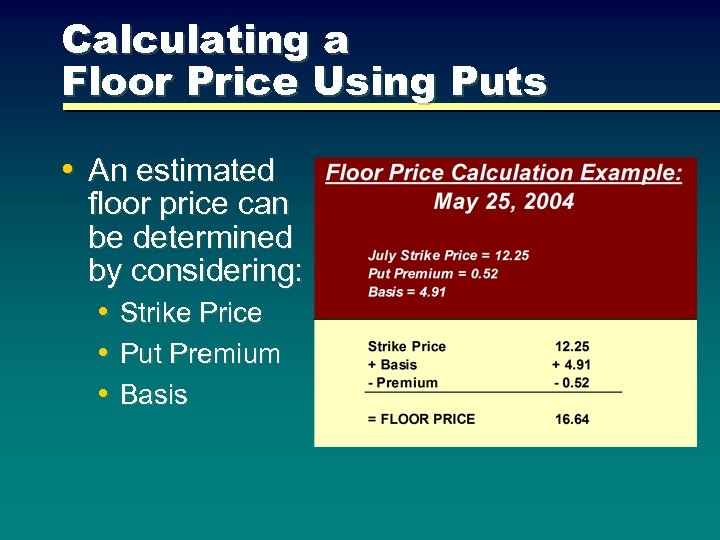 Calculating a Floor Price Using Puts • An estimated floor price can be determined