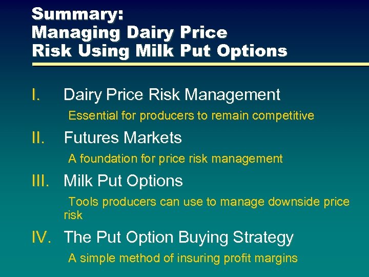 Summary: Managing Dairy Price Risk Using Milk Put Options I. Dairy Price Risk Management