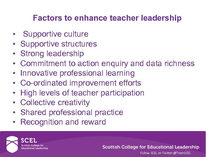 Factors to enhance teacher leadership • • • Supportive culture Supportive structures Strong leadership