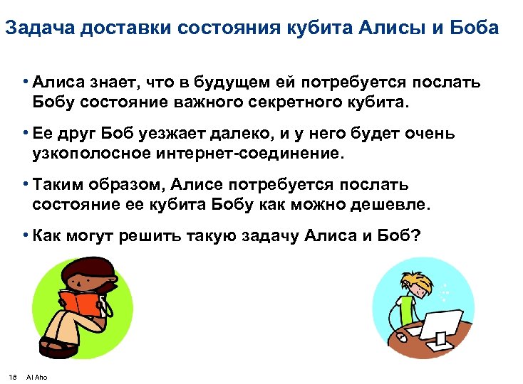 Задача доставки состояния кубита Алисы и Боба • Алиса знает, что в будущем ей