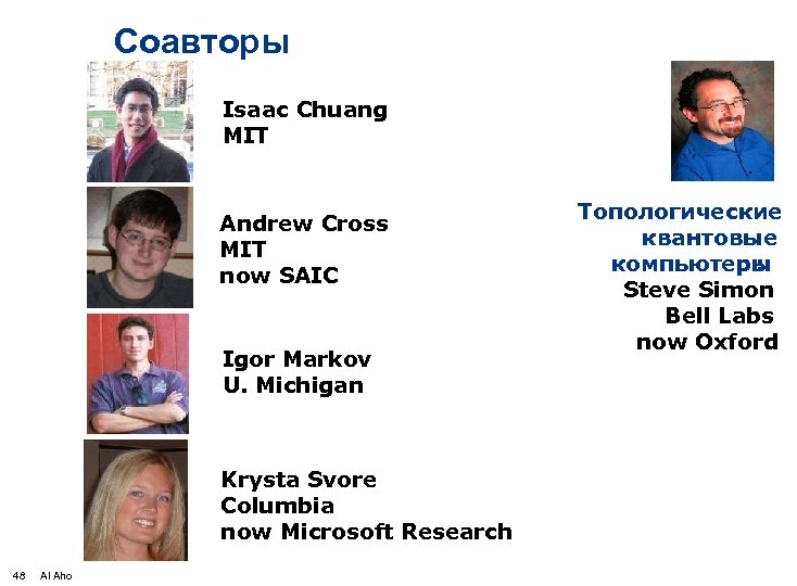 Соавторы Isaac Chuang MIT Andrew Cross MIT now SAIC Igor Markov U. Michigan Krysta