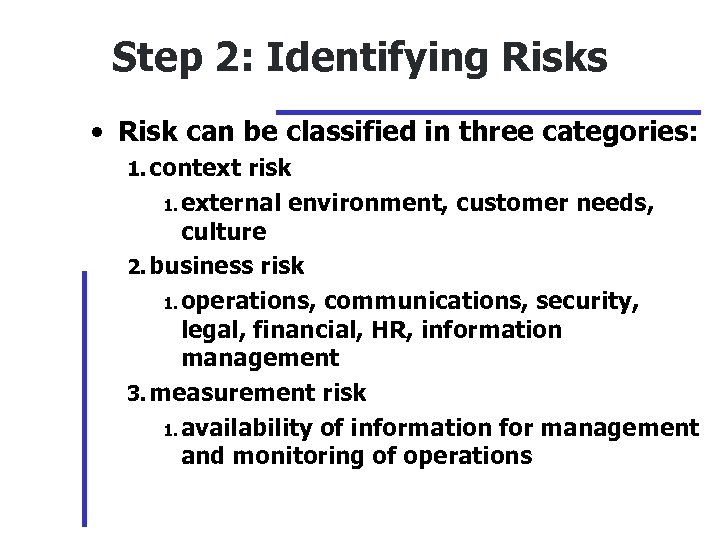 Step 2: Identifying Risks • Risk can be classified in three categories: 1. context